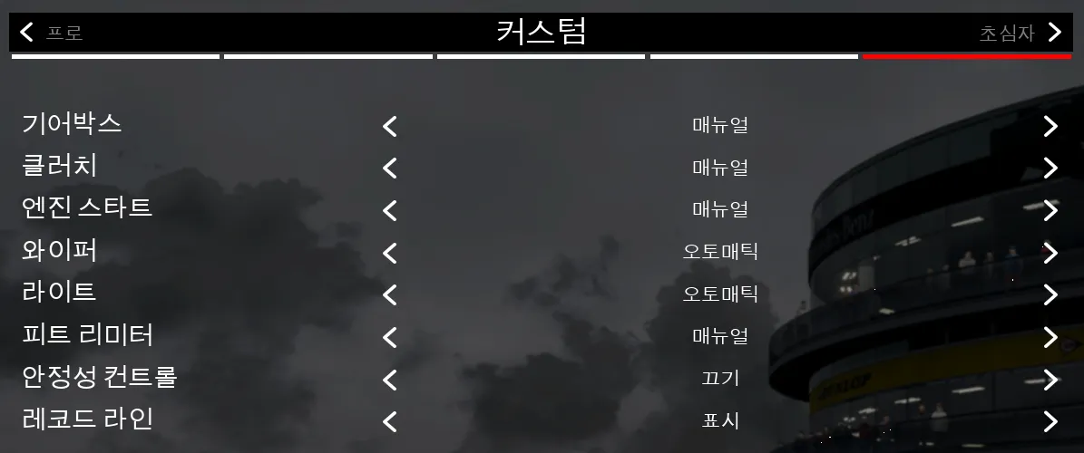 ACC 어시스트 화면. 기어박스·클러치·엔진 스타트 매뉴얼, 와이퍼·라이트 오토매틱, 피트 리미터 매뉴얼, 안정성 컨트롤 끄기, 레코드 라인 표시