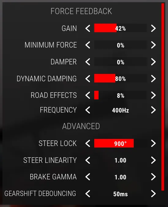 ACC FORCE FEEDBACK 설정. Gain 42%, Minimum Force 0%, Damper 0%, Dynamic Damping 80%, Road Effects 8%, Frequency 400Hz, Steer Lock 900°