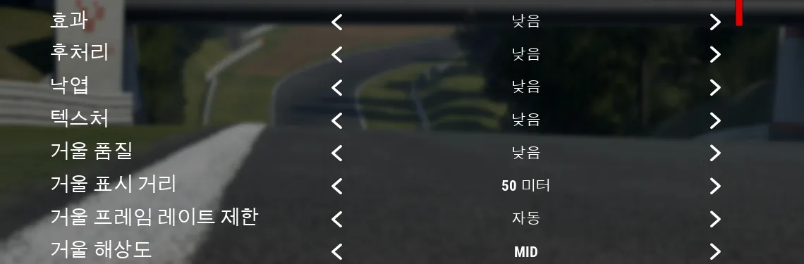 ACC 비디오 화면 아래쪽. 효과·후처리·낙엽·텍스처·거울 품질 낮음, 거울 표시 거리 50 미터, 거울 프레임 레이트 제한 자동, 거울 해상도 MID