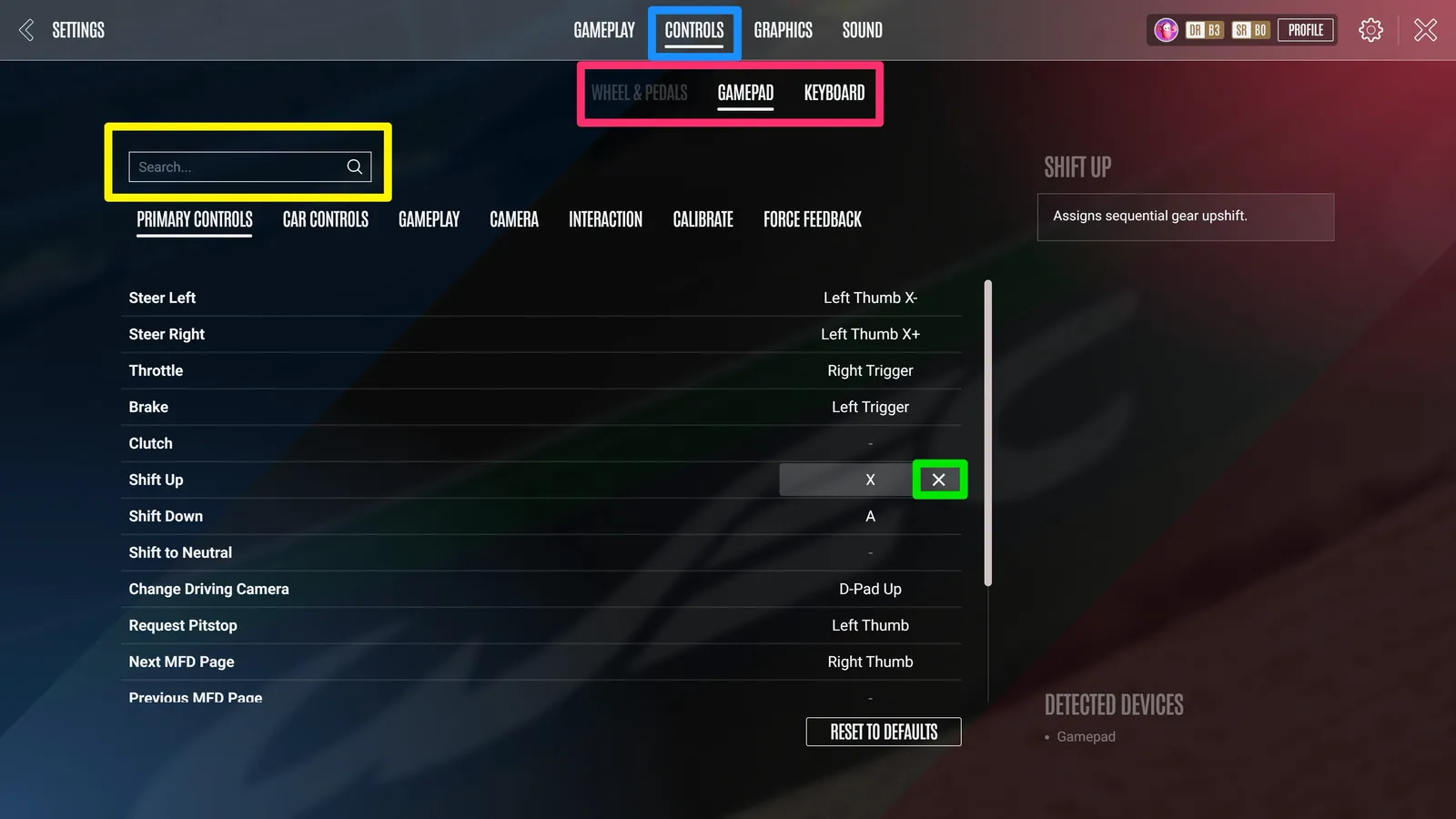 르망 얼티밋 설정의 CONTROLS 화면. 위에 WHEEL & PEDALS·GAMEPAD·KEYBOARD, 아래에 PRIMARY CONTROLS 부터 CALIBRATE·FORCE FEEDBACK 까지 탭, 검색 칸과 조작 지정 목록