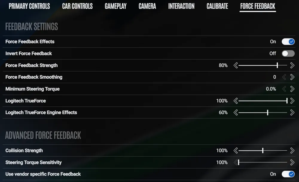 르망 얼티밋 FORCE FEEDBACK 탭. Force Feedback Strength 80%, Smoothing 0, Minimum Steering Torque 0.0%, Collision Strength 100%, Steering Torque Sensitivity 100%
