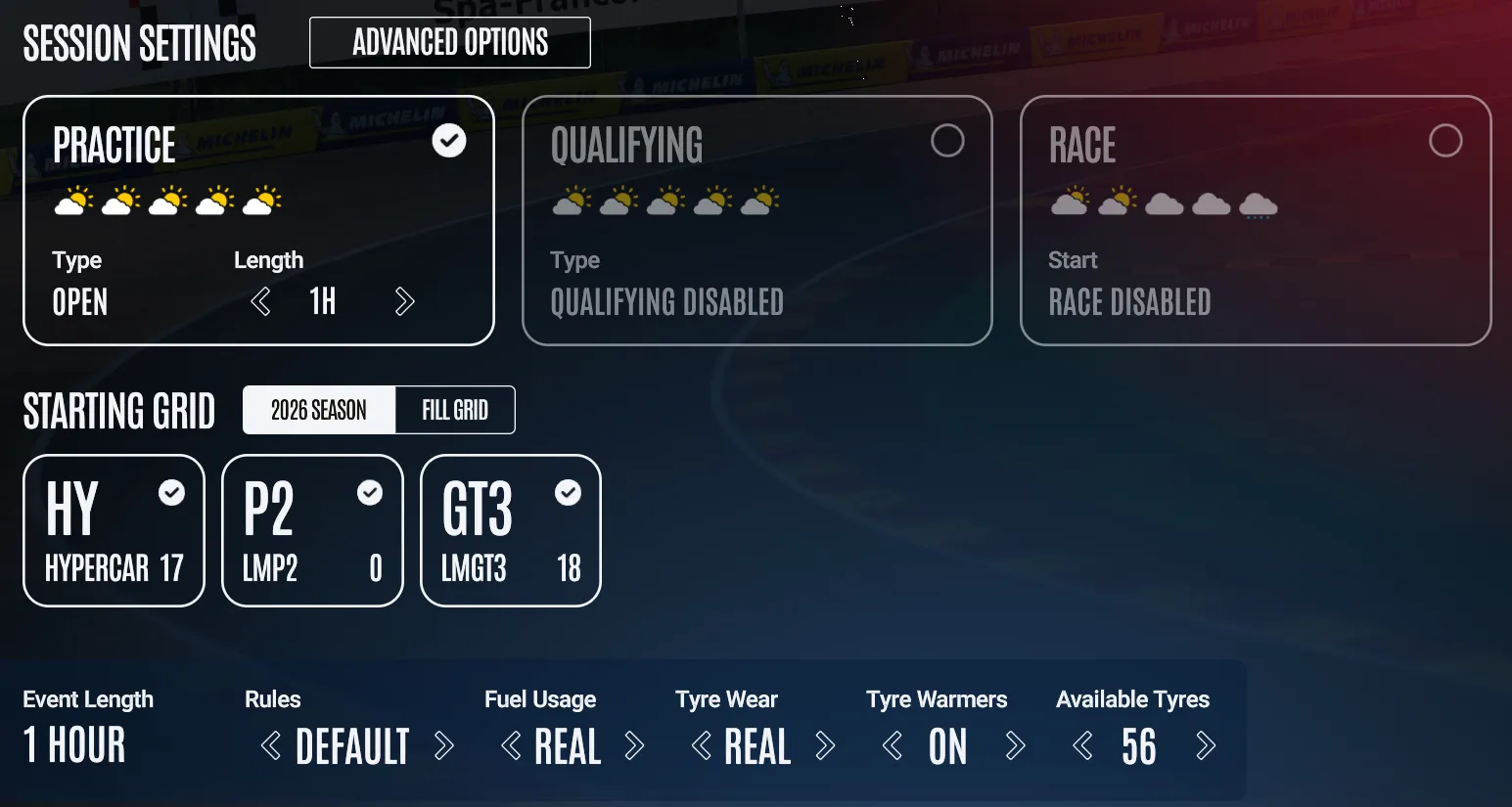 르망 얼티밋 Race Weekend 의 EVENT SETTINGS. SESSION SETTINGS 에서 PRACTICE 만 체크(OPEN, 1H), QUALIFYING·RACE 는 DISABLED. 아래 STARTING GRID 와 Event Length 1 HOUR